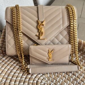 Yves Saint Laurent Beige Quilted Leather Shoulder Bag with wallet.